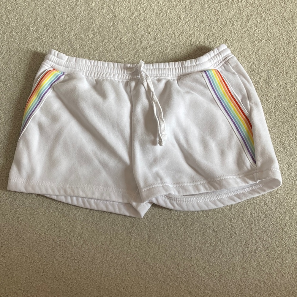 White Comfy Shorts with Rainbow Stripes Size L
